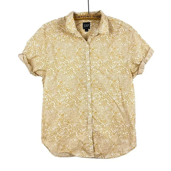 GAP  Small Yellow Button Up Short Sleeve Top Animal Print 100% Cotton Preppy - Picture 1 of 5